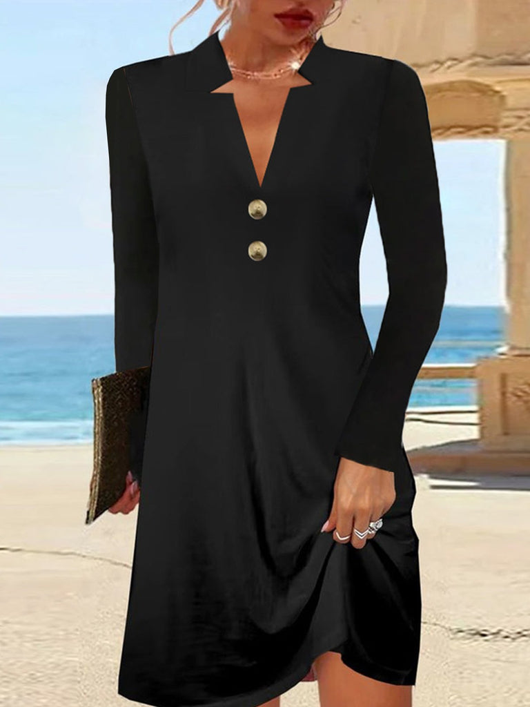 Fashion V Neck Long Sleeve Plain Loose Short Dress