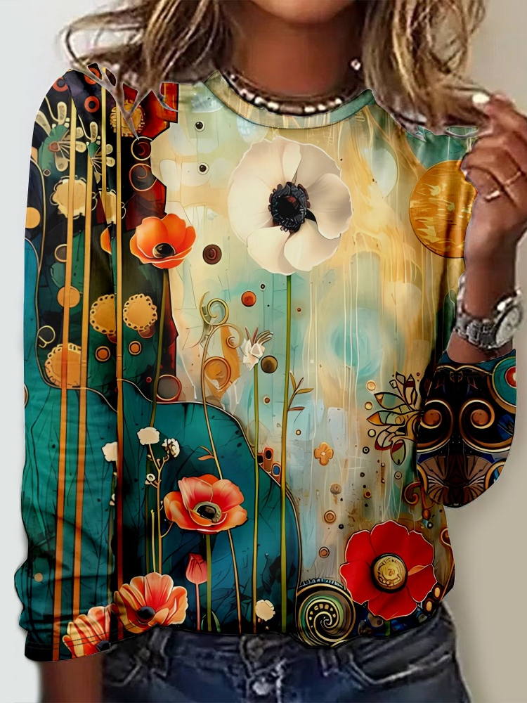 Casual Crew Neck Long Sleeve Floral Fashion Regular T-Shirt