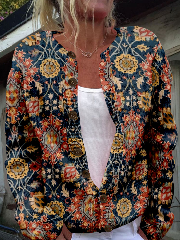 Loose Crew Neck Long Sleeve Ethnic Fashion Regular Jacket