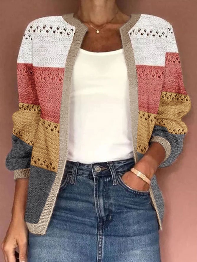 Loose Wrap Long Sleeve Color Block Jacquard Fashion Regular Cardigan