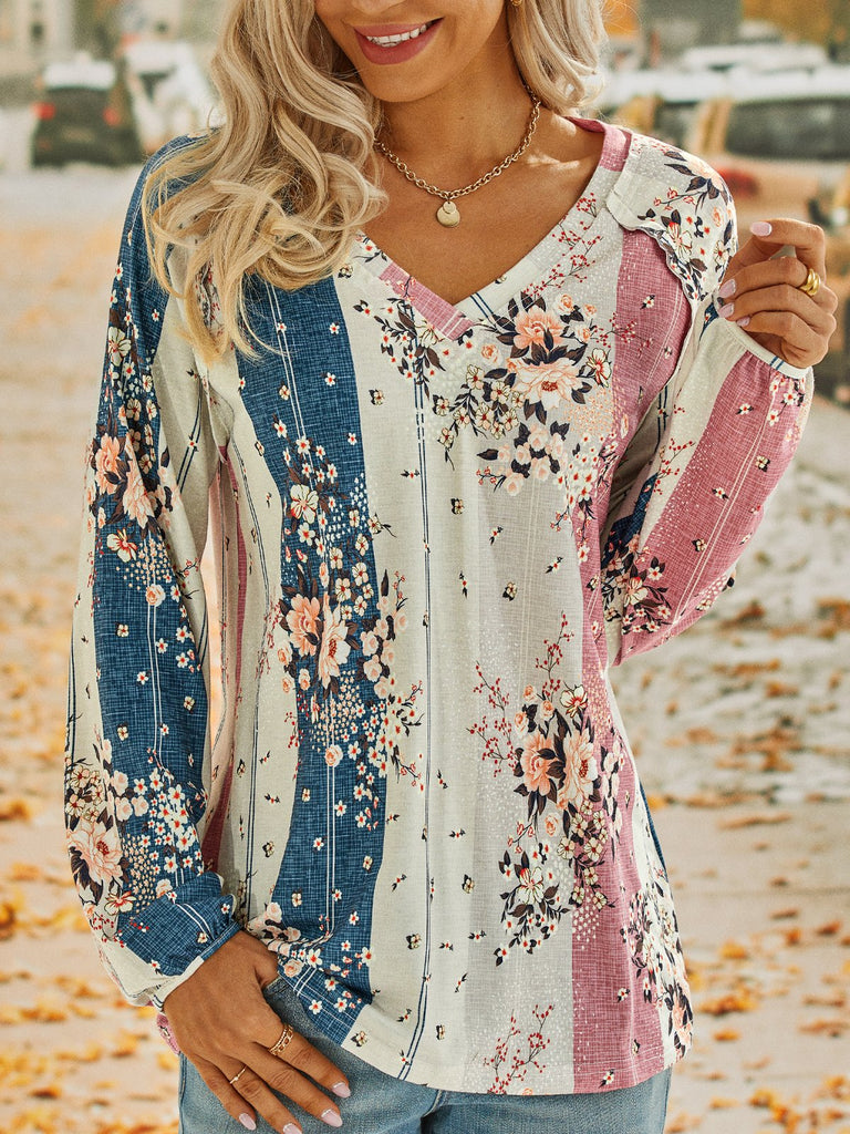 Fashion V Neck Long Sleeve Floral Loose Regular T-Shirt