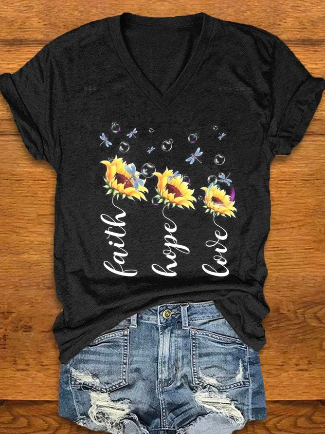 Casual V Neck Short Sleeve Floral Sunflower Fashion Regular T-Shirt
