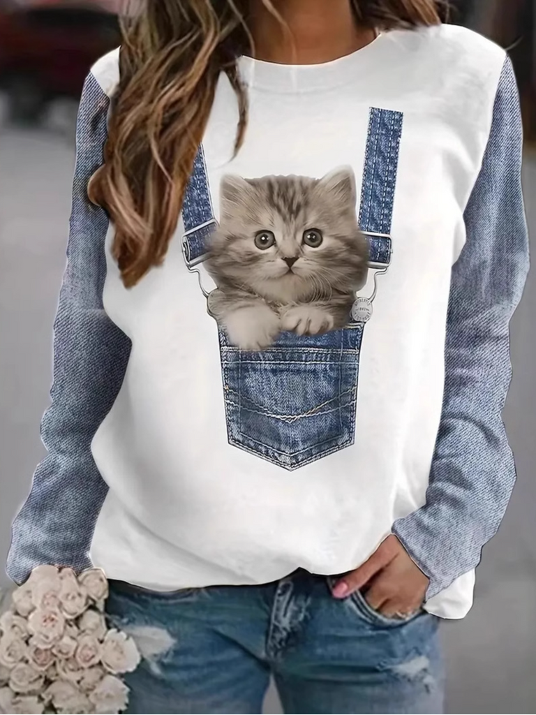 Fashion Crew Neck Long Sleeve Floral Cat Casual Regular Sweatshirt