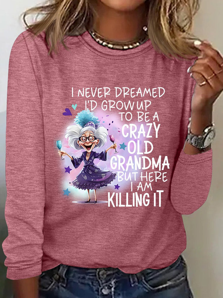 Fashion Crew Neck Long Sleeve Text Letters Loose Regular T-Shirt
