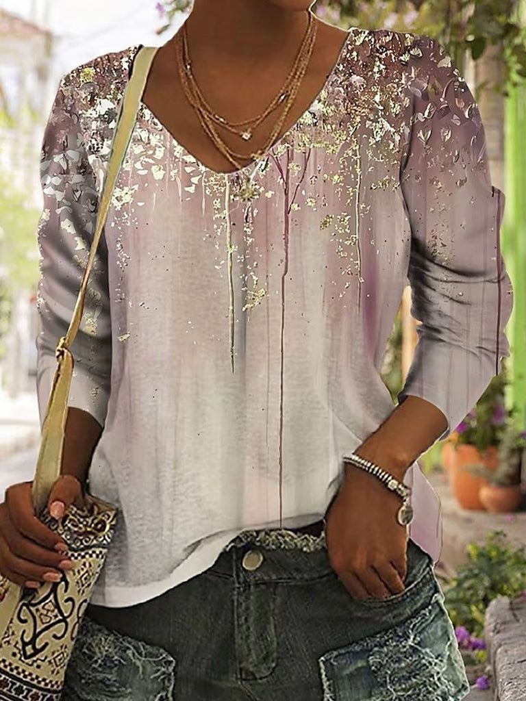 Casual V Neck Short Sleeve Floral Fashion Regular T-Shirt
