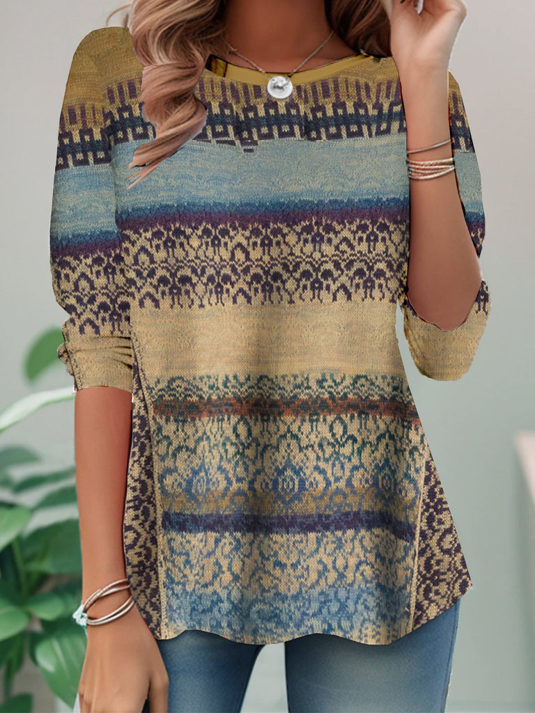 Vintage Crew Neck Long Sleeve Ethnic Loose Regular T-Shirt