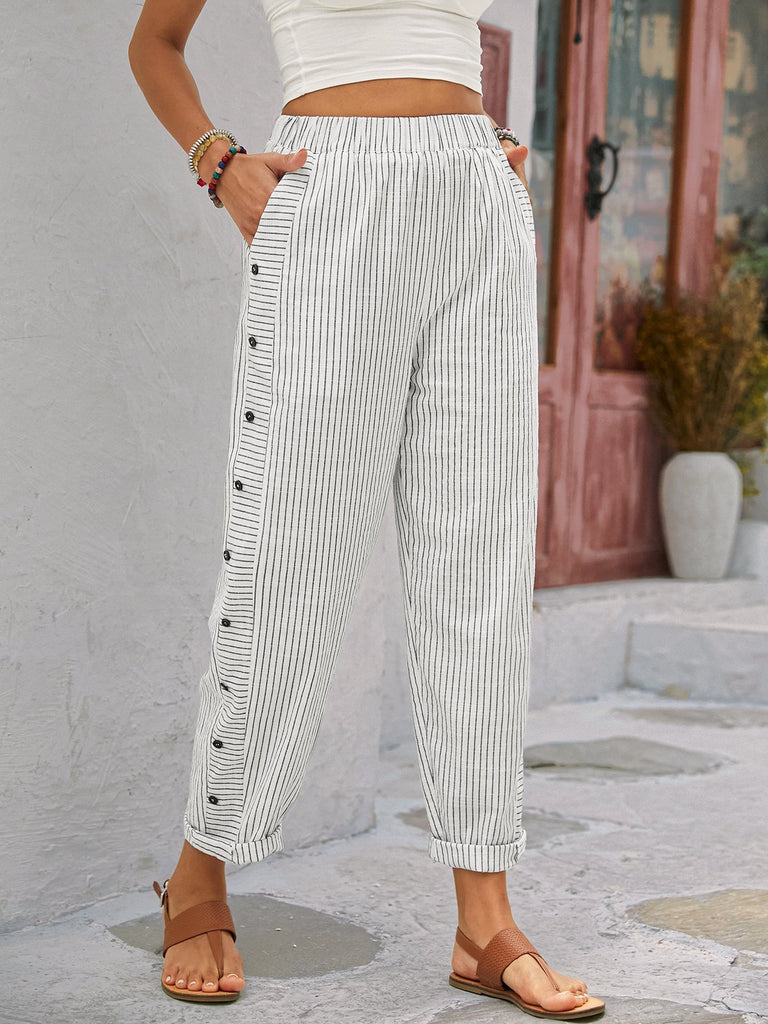 Fashion Striped Buttoned Loose Long Pants
