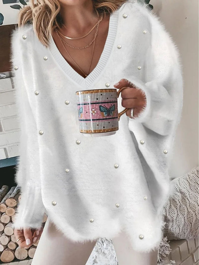Fashion V Neck Long Sleeve Plain Loose Regular Sweater