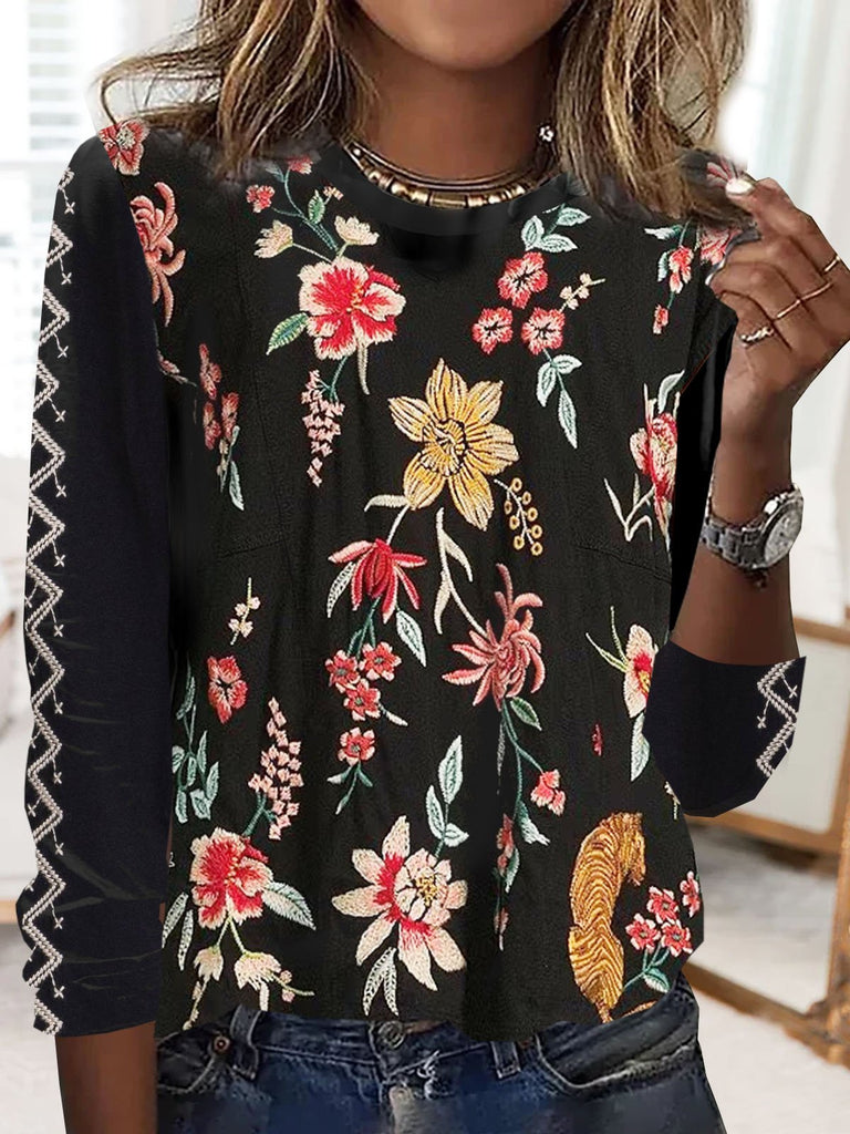 Casual Crew Neck Long Sleeve Floral Fashion Regular T-Shirt
