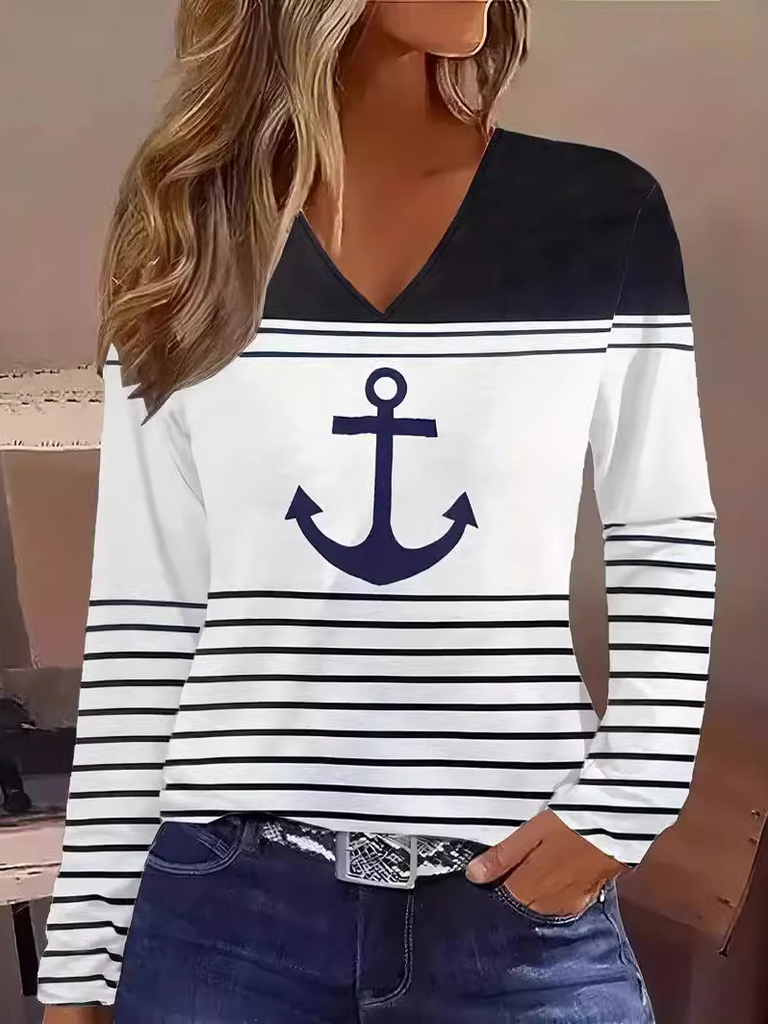 Fashion V Neck Long Sleeve Striped Loose Regular T-Shirt