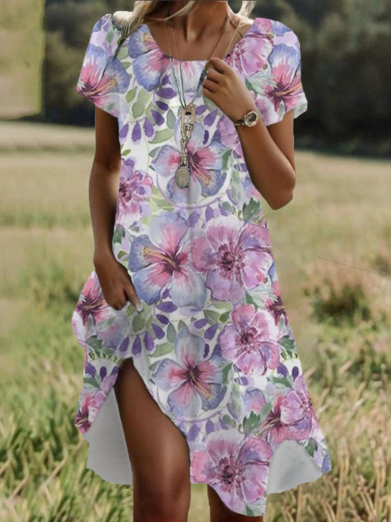Fashion Short Sleeve Crew Neck Floral Loose Short Dress