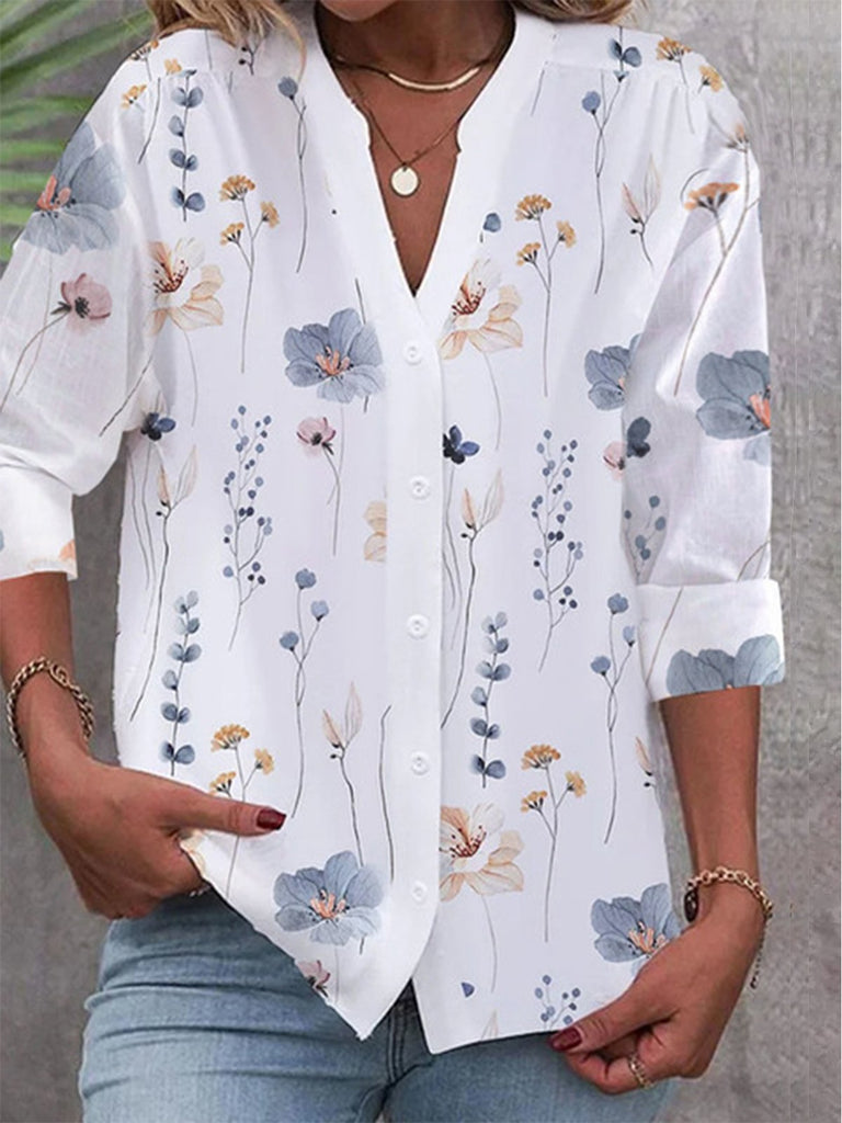 Loose V Neck Long Sleeve Floral Fashion Regular Shirt