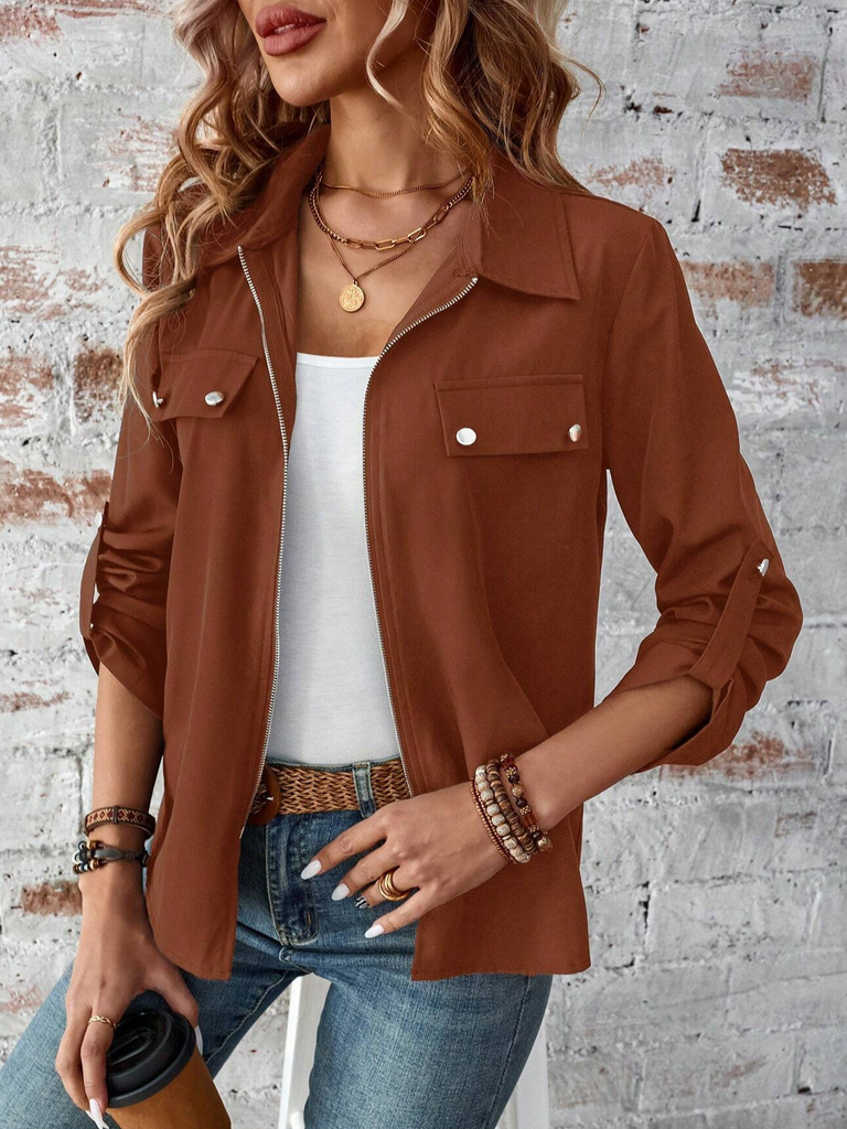 Loose Long Sleeve Plain Zipper Fashion Regular Jacket