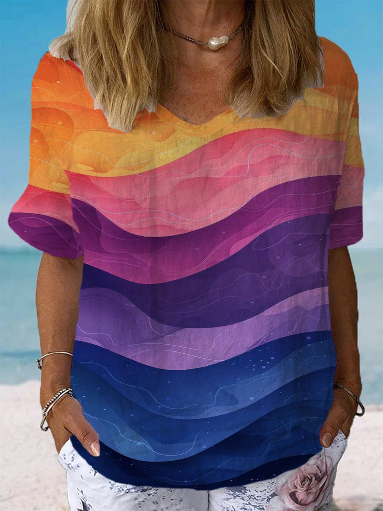 Loose Short Sleeve Crew Neck Ombre Fashion Regular Blouse
