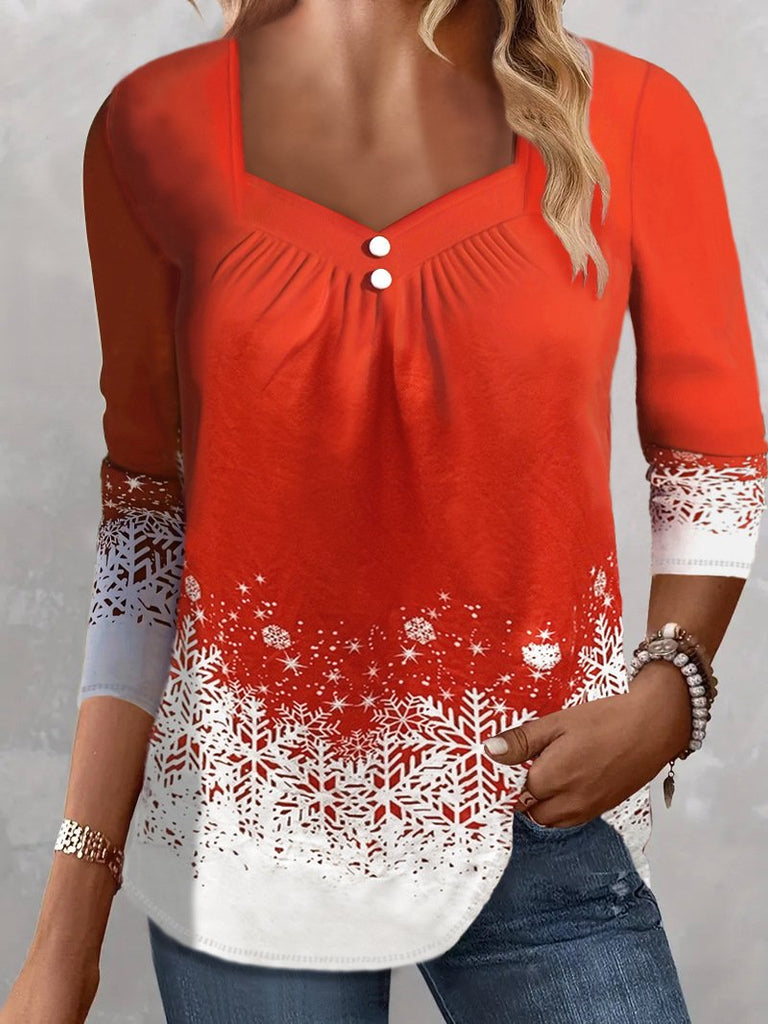 Fashion Long Sleeve Square Neck Christmas Loose Regular Blouse