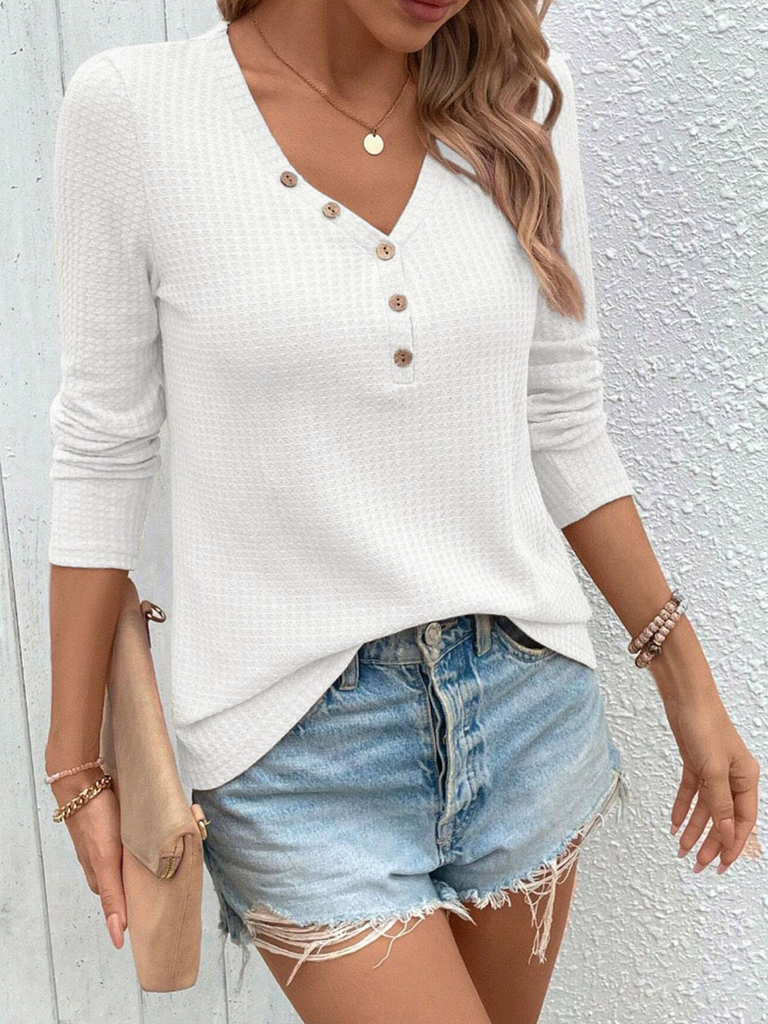 Fashion V Neck Long Sleeve Plain Loose Regular Blouses