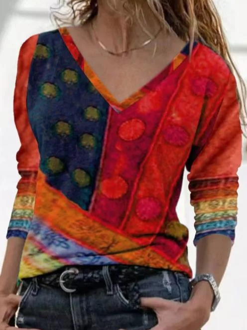 Loose V Neck Long Sleeve Abstract Fashion Regular Blouse