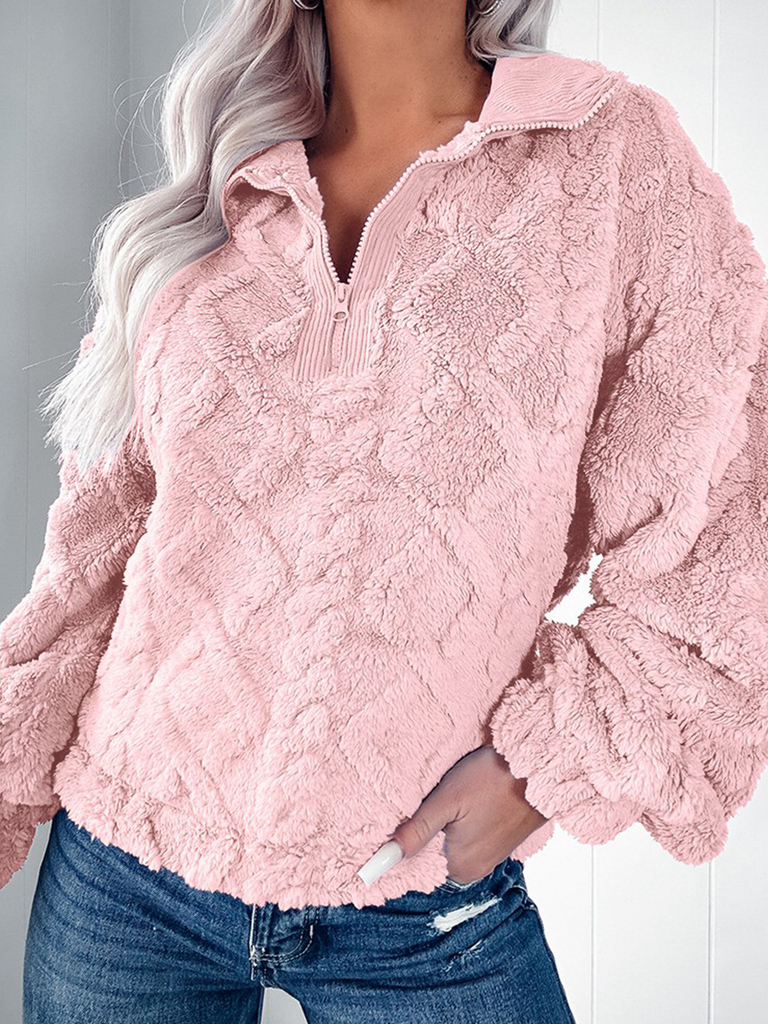 Loose V Neck Long Sleeve Plain Zipper Fashion Regular Sweatshirt