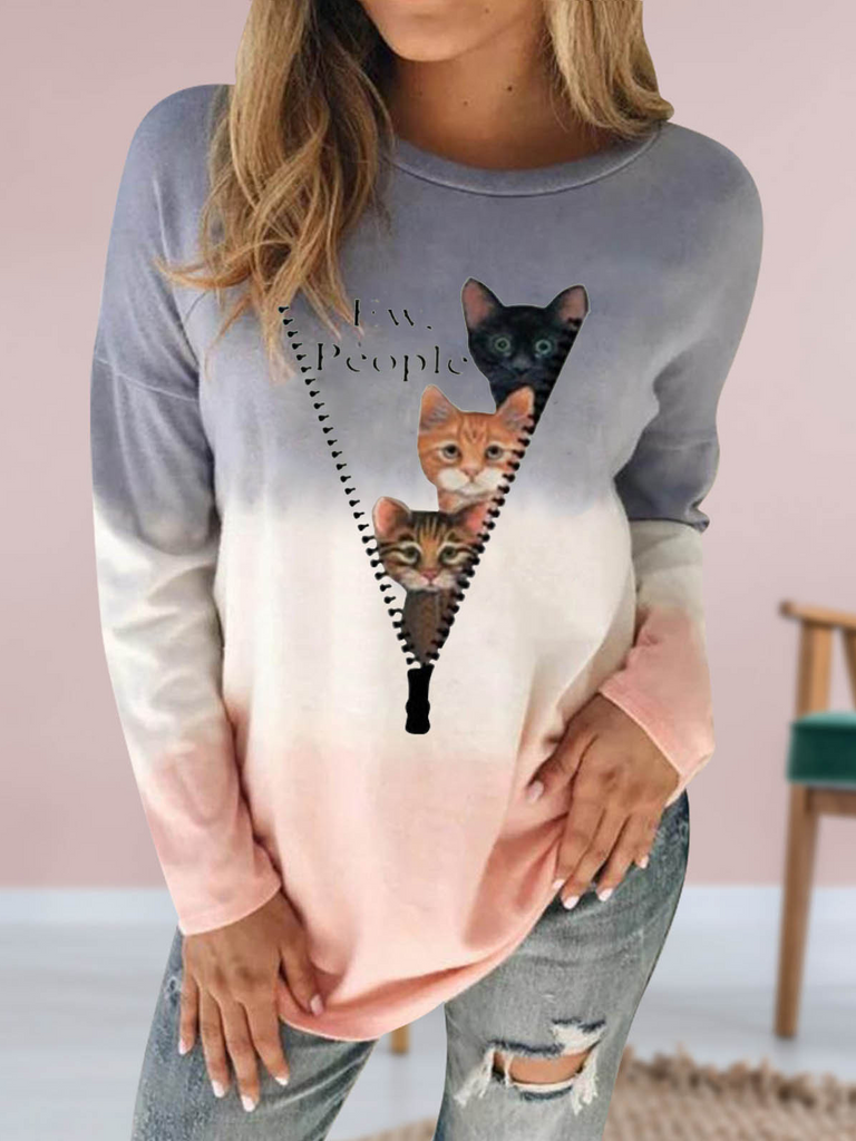 Loose Crew Neck Long Sleeve Cat Fashion Regular Blouses