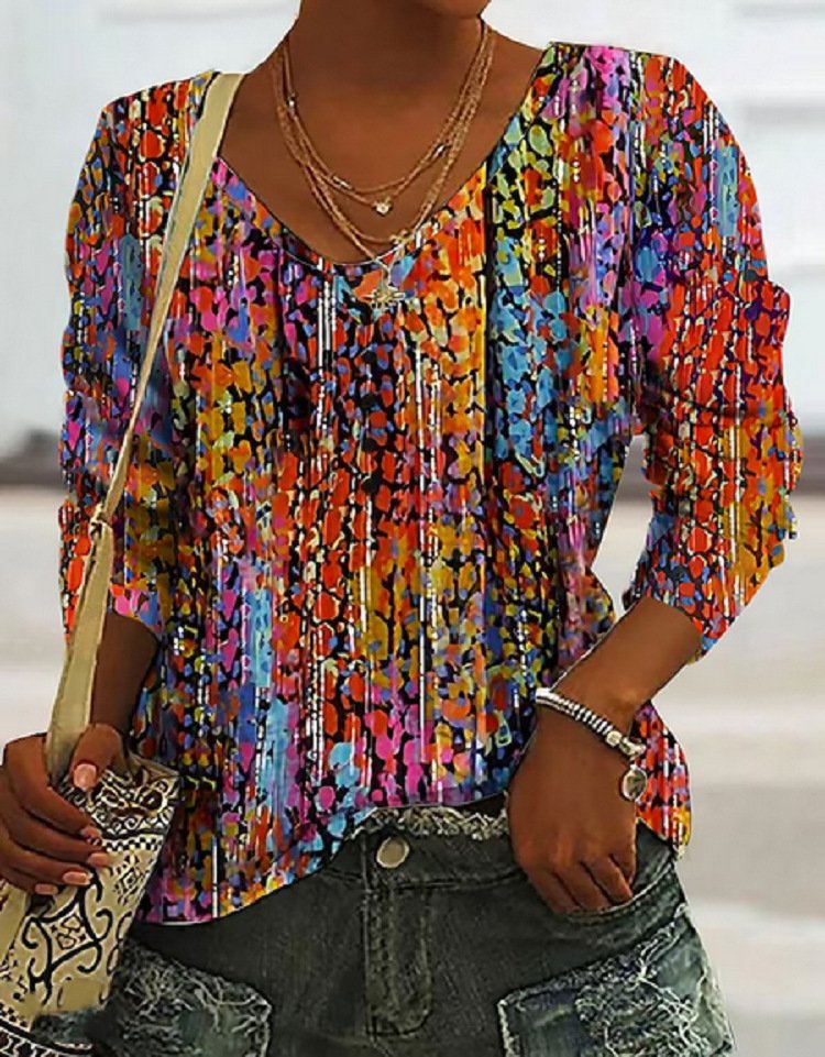 Fashion 3/4 Sleeve V Neck Abstract Casual Regular T-Shirt