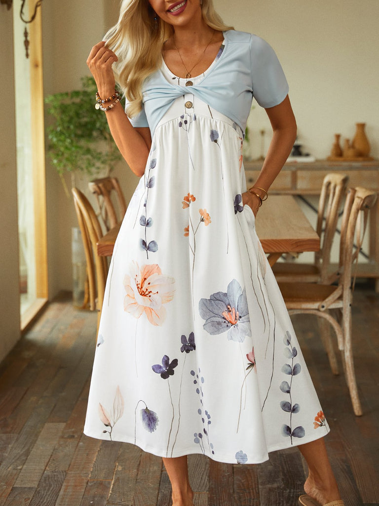 Fashion Short Sleeve Crew Neck Floral Loose Midi Dress