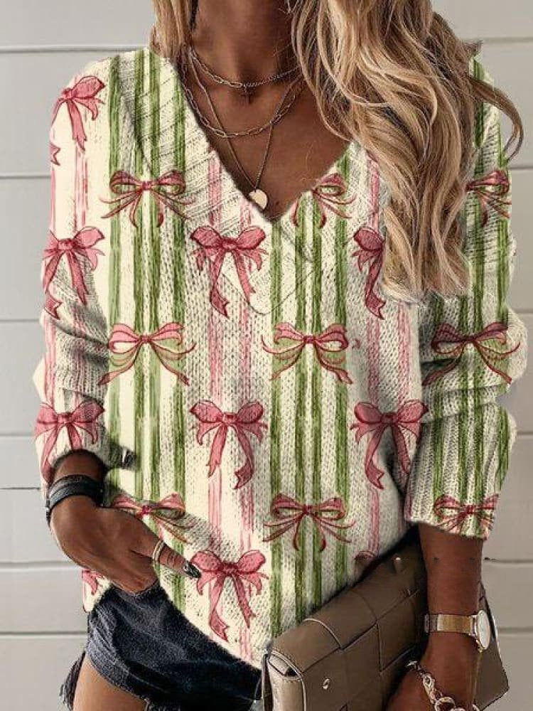 Loose V Neck Long Sleeve Striped Fashion Regular Sweatshirt