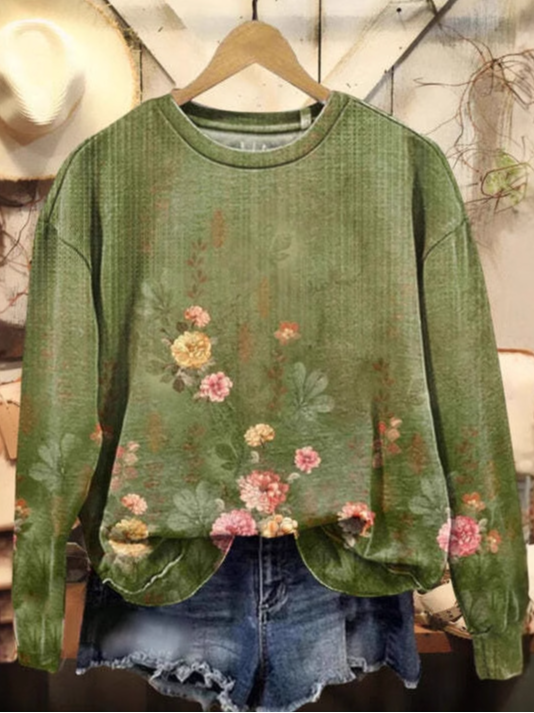 Fashion Crew Neck Long Sleeve Ethnic Floral Casual Regular Sweatshirt