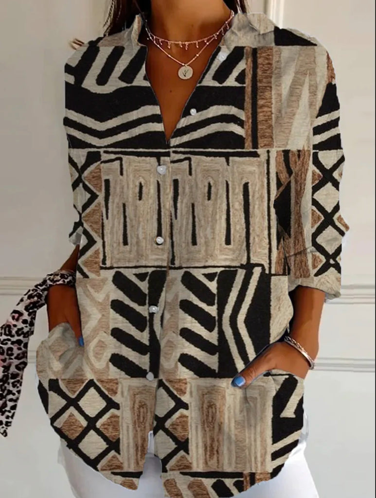 Fashion Long Sleeve Shirt Collar Geometric Loose Regular Shirt