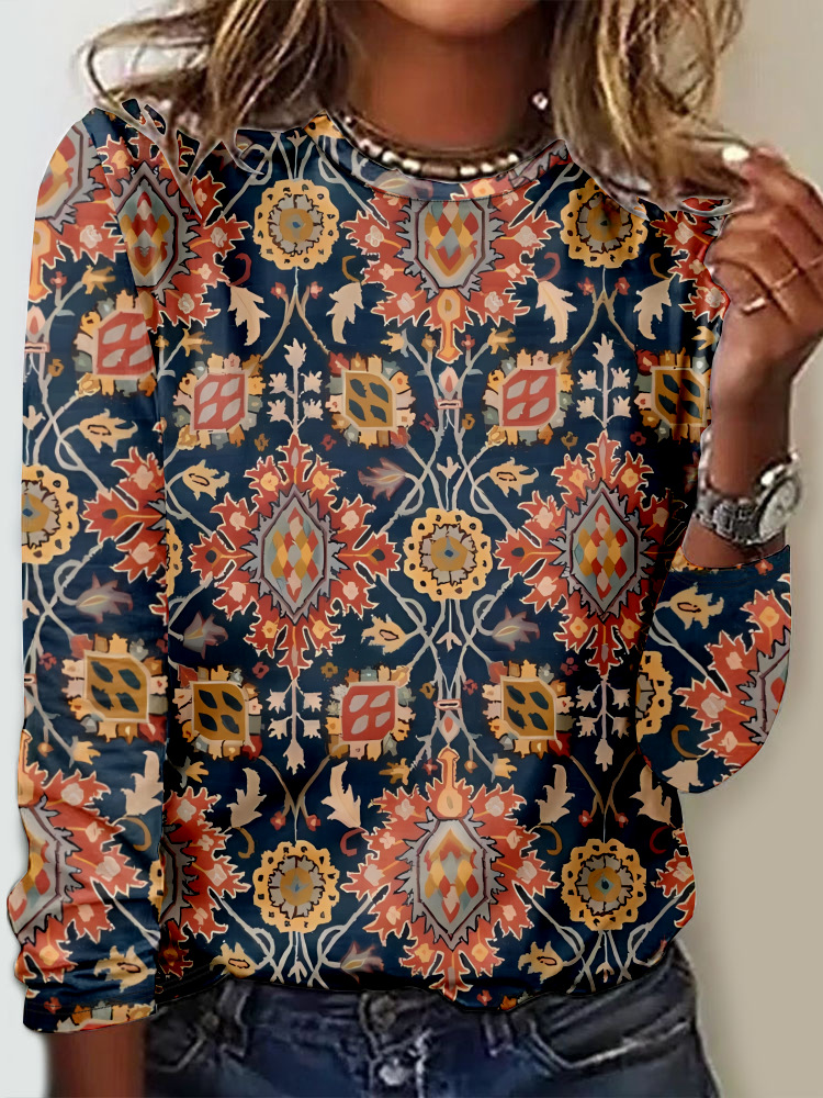 Fashion Crew Neck Long Sleeve Ethnic Casual Regular T-Shirt