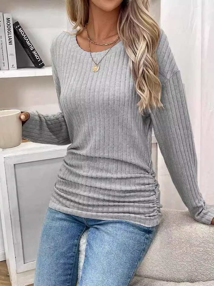 Fashion Crew Neck Long Sleeve Plain Loose Regular Blouses