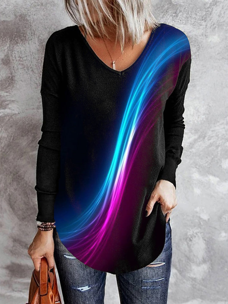 Fashion V Neck Long Sleeve Abstract Casual Mid-Long T-Shirt