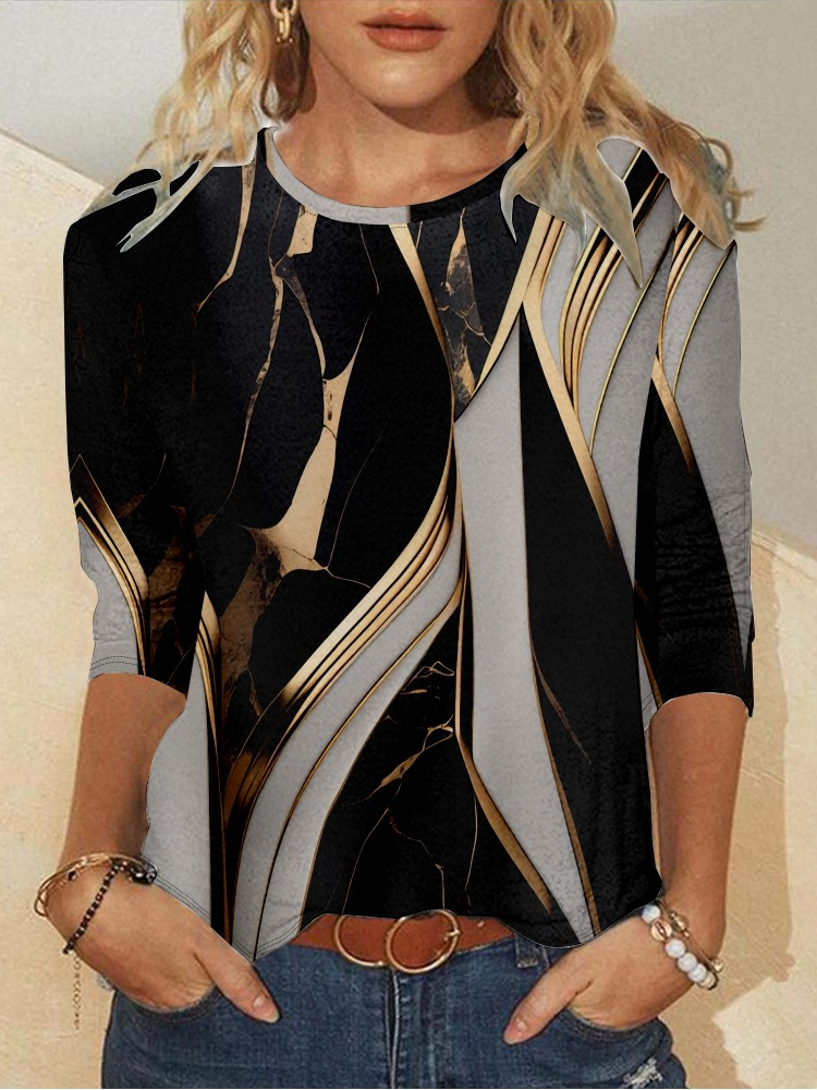 Casual Crew Neck Long Sleeve Geometric Fashion Regular T-Shirt