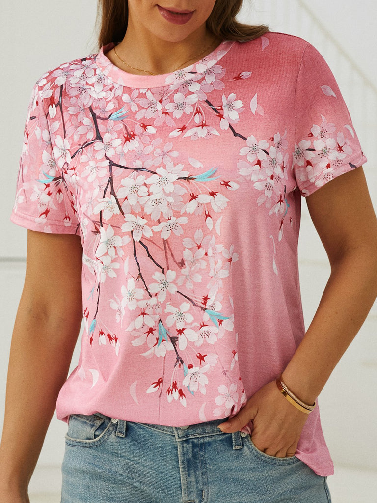 Fashion Short Sleeve Crew Neck Floral Casual Regular T-Shirt