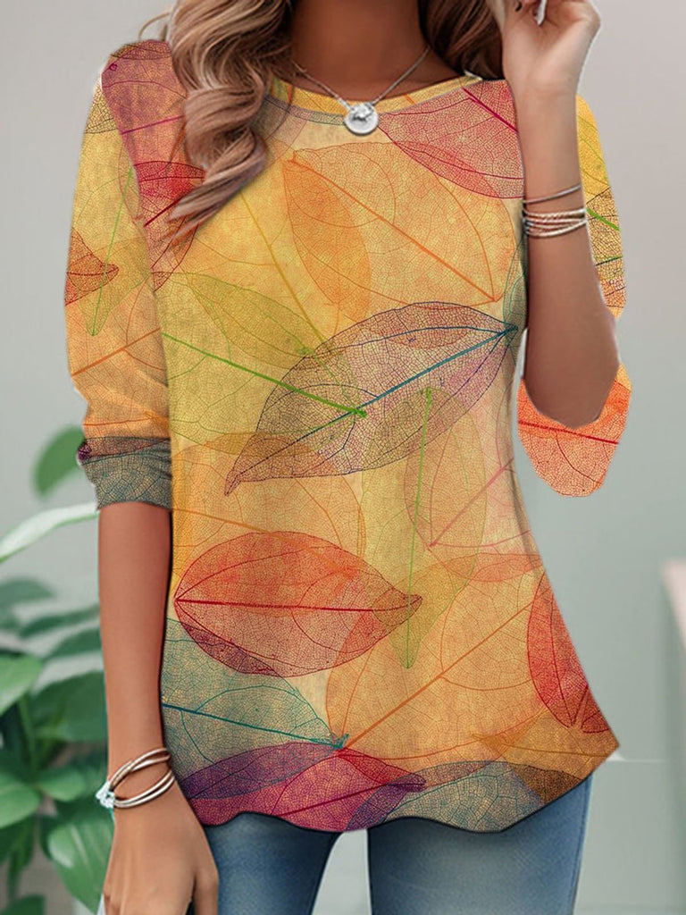 Casual Crew Neck Long Sleeve Leaf Fashion Regular T-Shirt