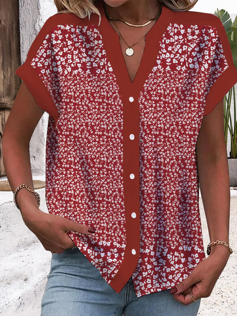 Loose V Neck Short Sleeve Floral Fashion Regular Shirt