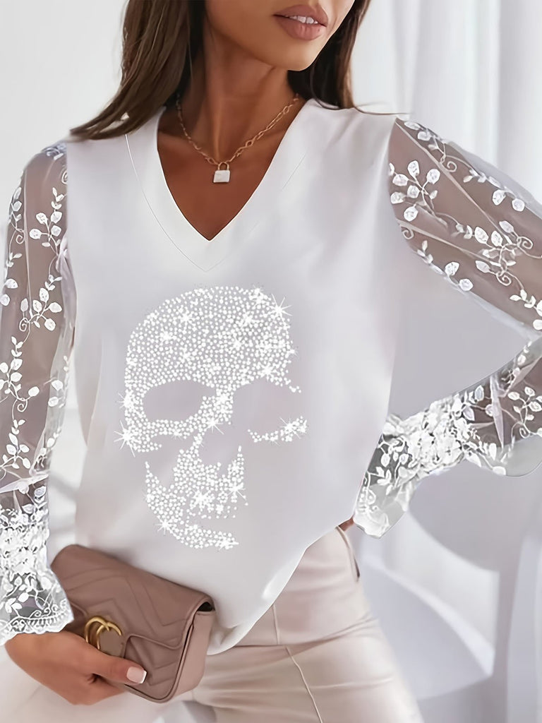 Fashion V Neck Long Sleeve Skull Loose Regular Blouse