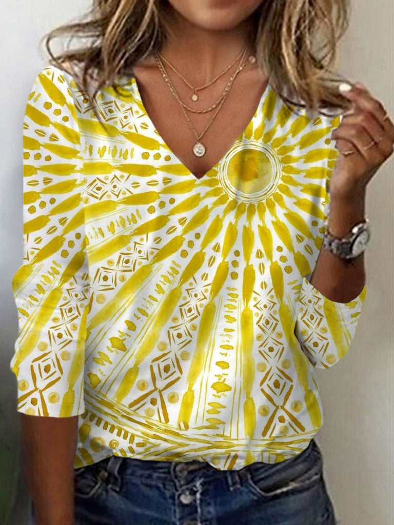 V Neck Long Sleeve Geometric Casual Regular T-Shirt
