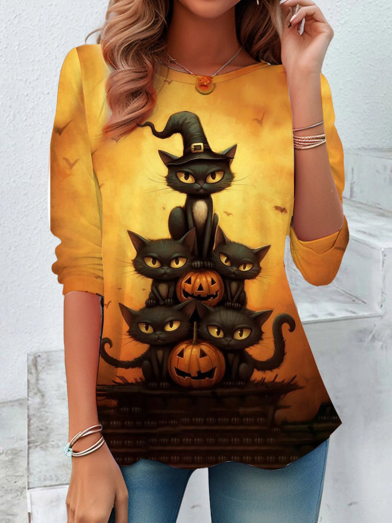 Vintage Crew Neck Long Sleeve Halloween Loose Regular Blouse