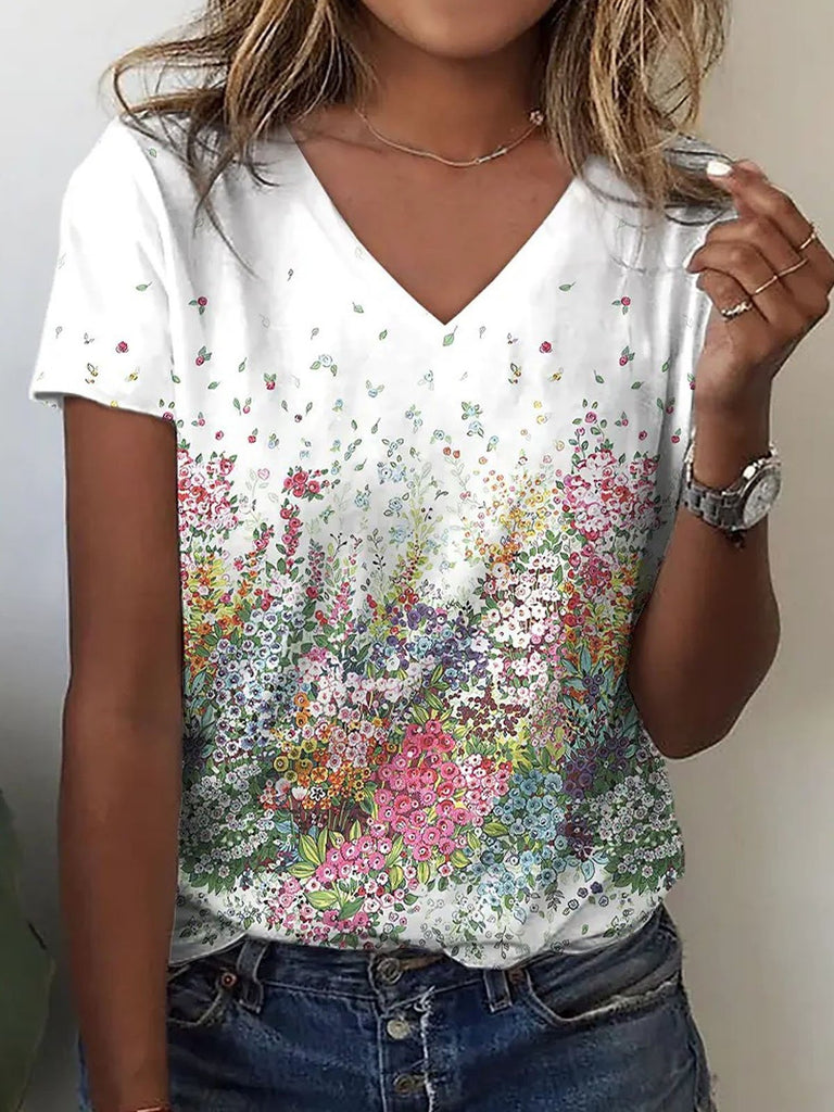 Casual V Neck Short Sleeve Floral Fashion Regular T-Shirt
