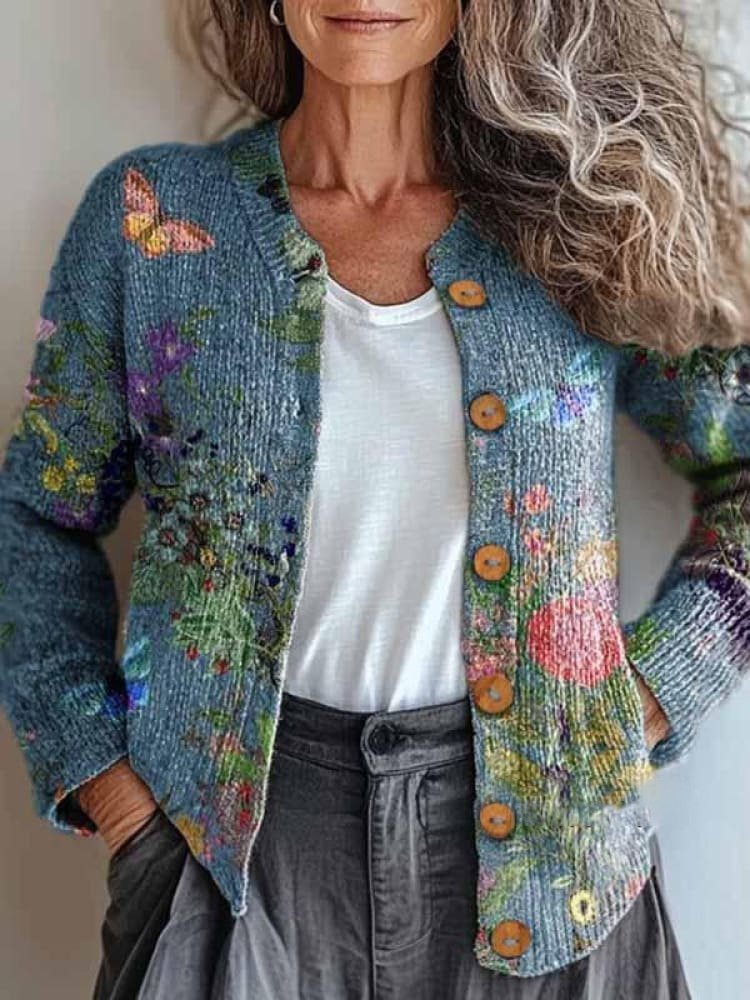 Loose Crew Neck Long Sleeve Floral Zipper Fashion Regular Jacket