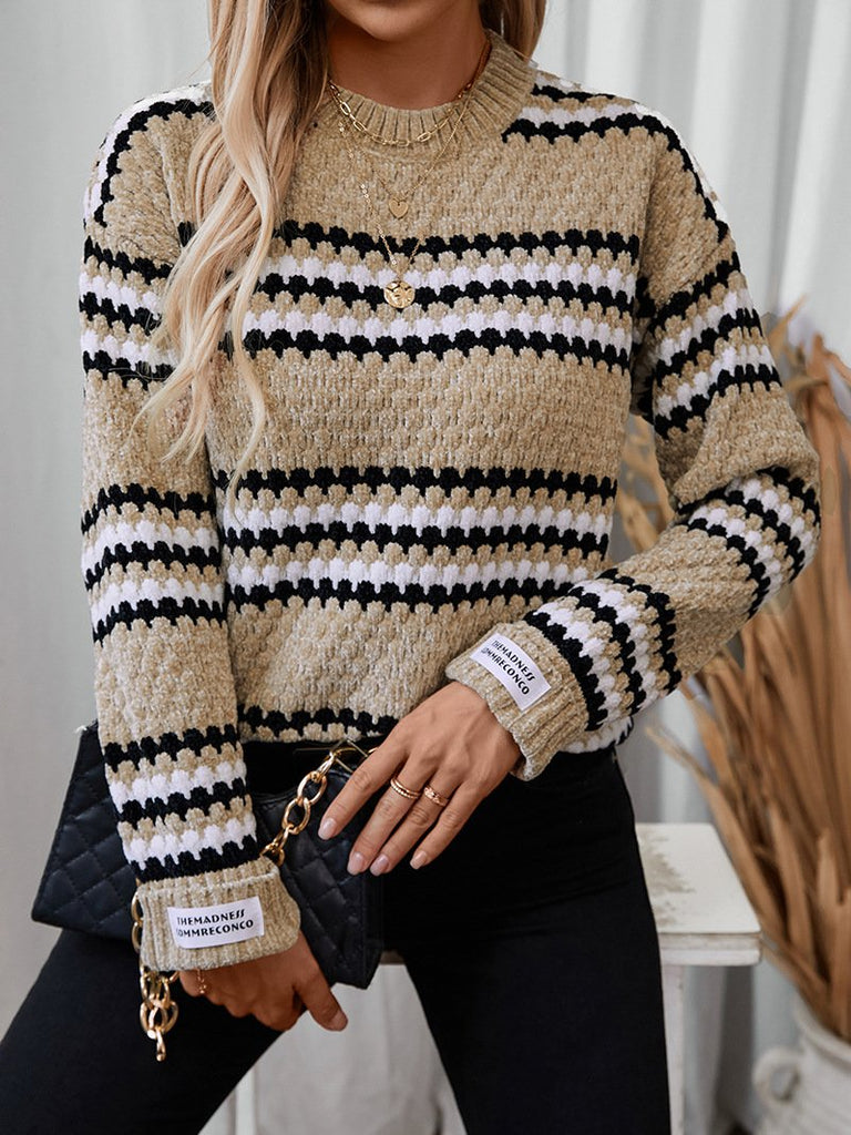 Fashion Crew Neck Long Sleeve Striped Loose Regular Sweater