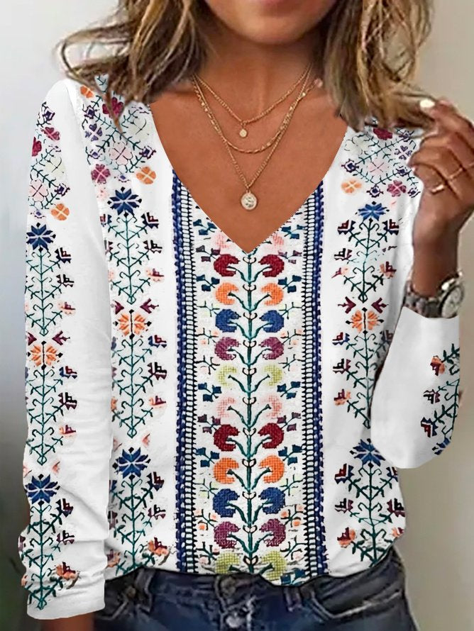 Casual V Neck Long Sleeve Floral Fashion Regular T-Shirt