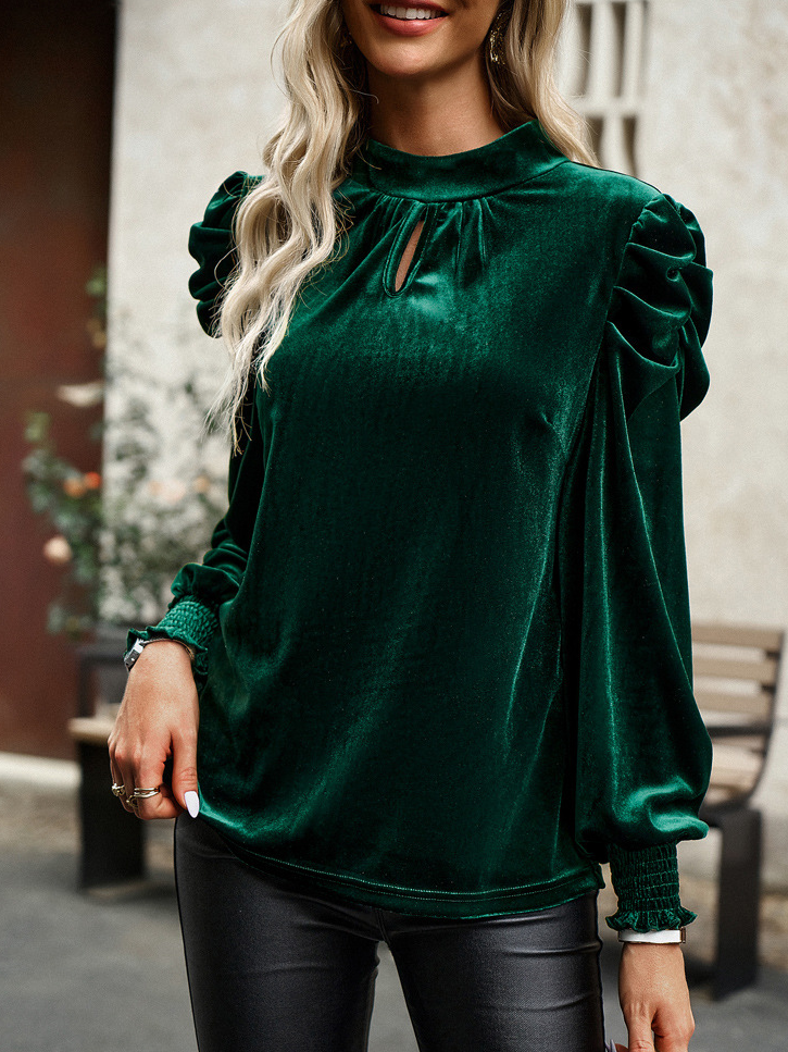Fashion Crew Neck Long Sleeve Plain Loose Regular Blouses