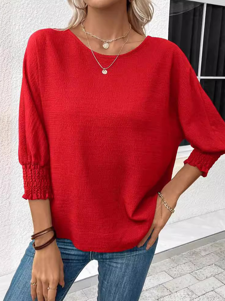 Loose 3/4 Sleeve Crew Neck Plain Fashion Regular Blouse