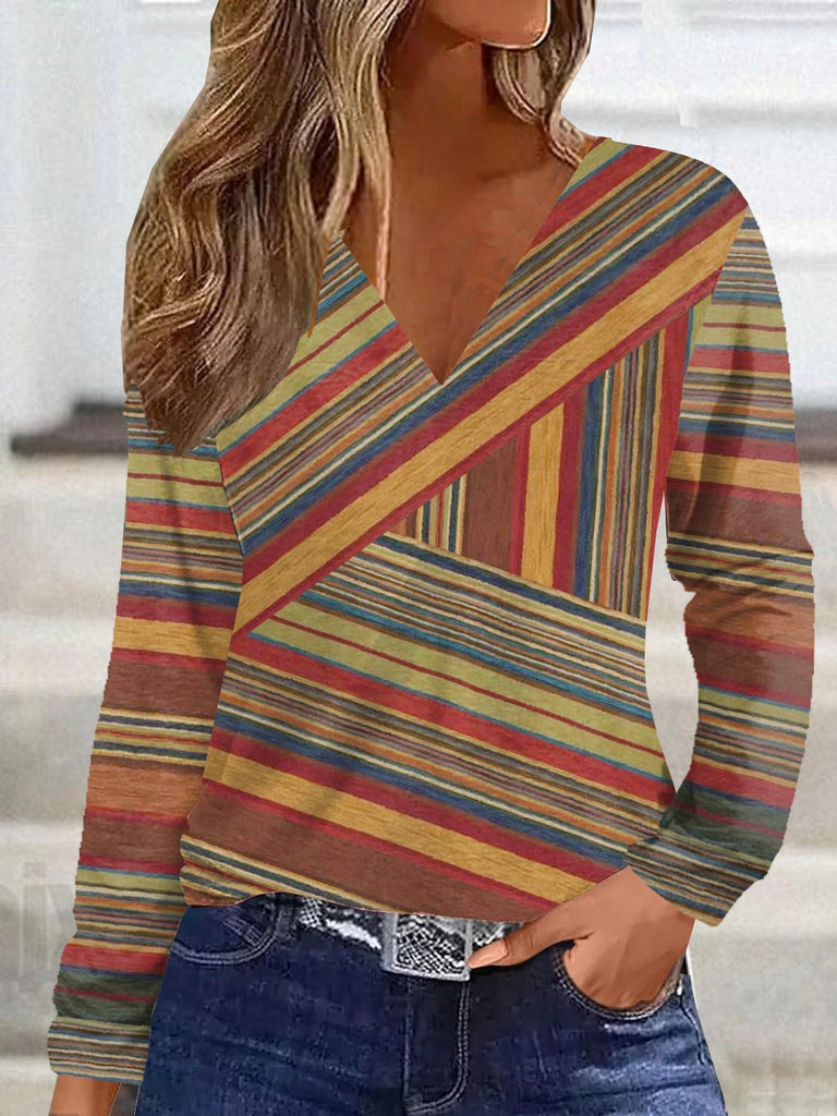 V Neck Long Sleeve Multicolor Block Vintage Regular T-Shirt
