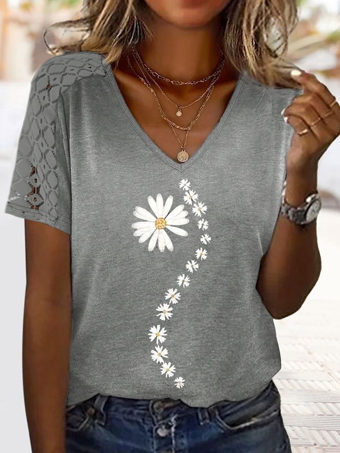 Loose Short Sleeve Crew Neck Daisy Fashion Regular T-Shirt