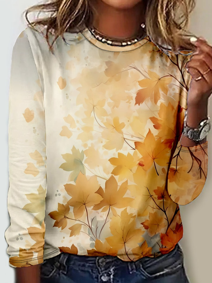 Casual Crew Neck Long Sleeve Maple Leaf Fashion Regular T-Shirt