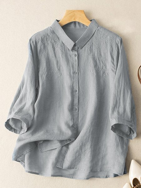 Fashion Long Sleeve Shirt Collar Plain Loose Regular Blouse