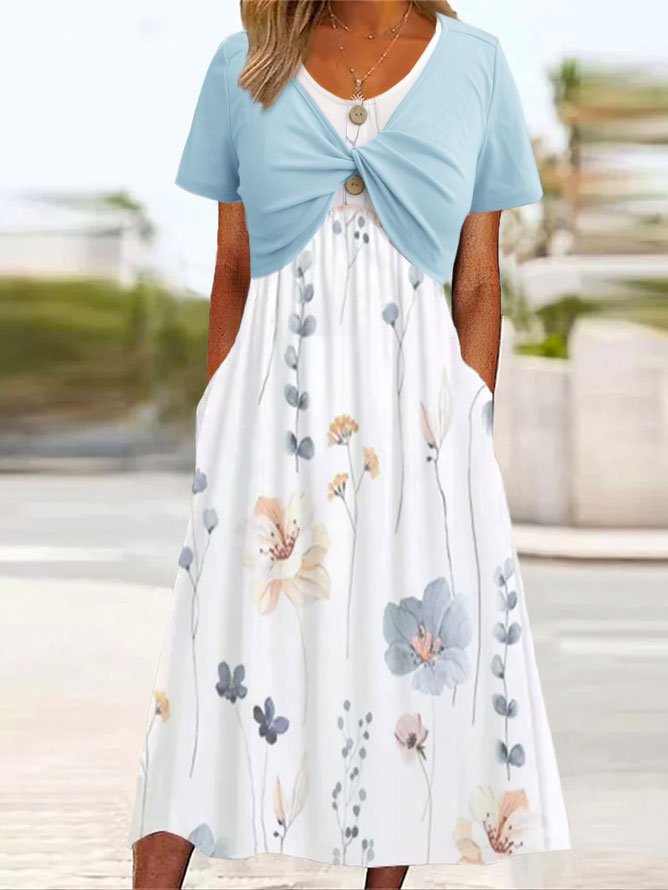 Fashion Short Sleeve Crew Neck Floral Loose Midi Dress