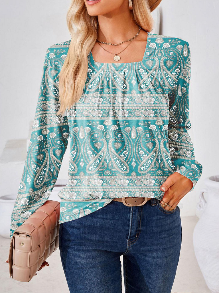 Loose Long Sleeve Square Neck Floral Fashion Regular Blouse